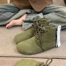 牛皮版！日系森女磨砂真皮咸菜绿系带保暖加绒平底棉鞋勃肯靴短靴