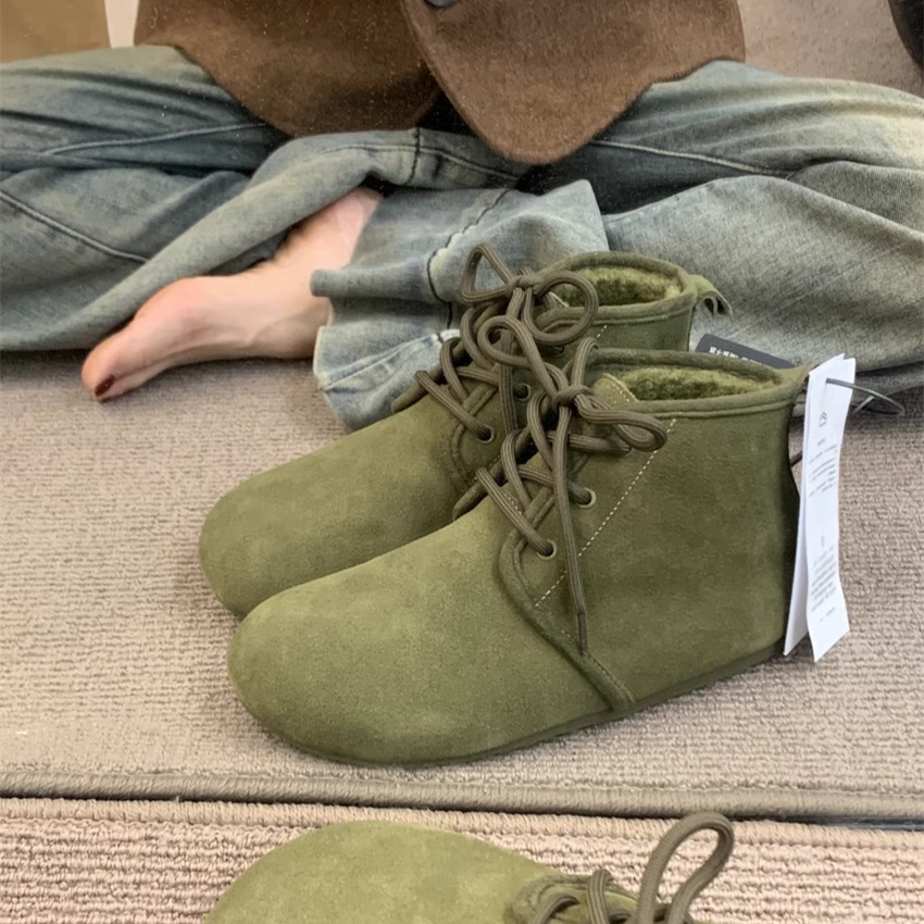 牛皮版！日系森女磨砂真皮咸菜绿系带保暖加绒平底棉鞋勃肯靴短靴
