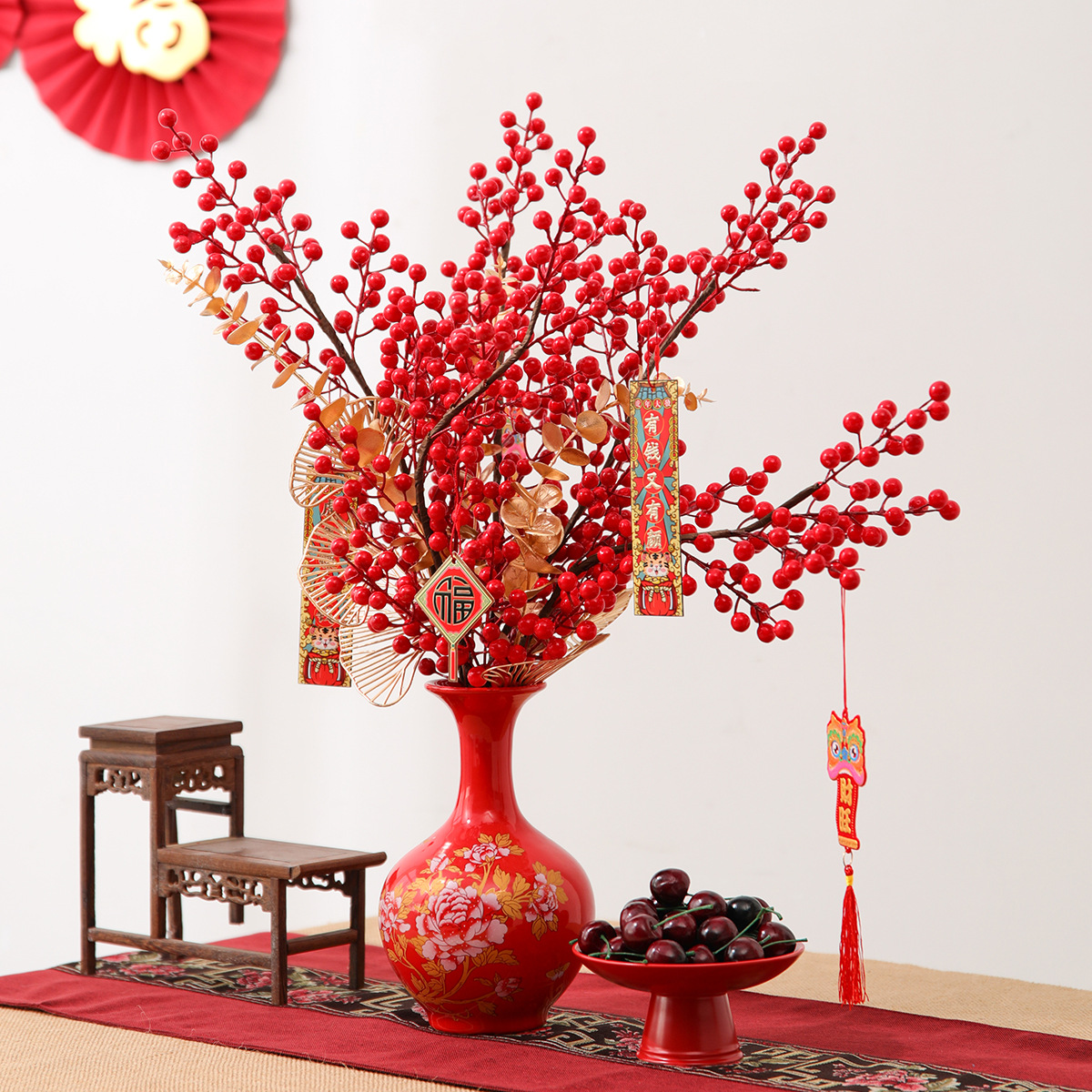 Simulación hibisco barril de flores falsas flores decoraciones de Año Nuevo decoraciones de reubicación riqueza fruta fruta roja material floral al por mayor