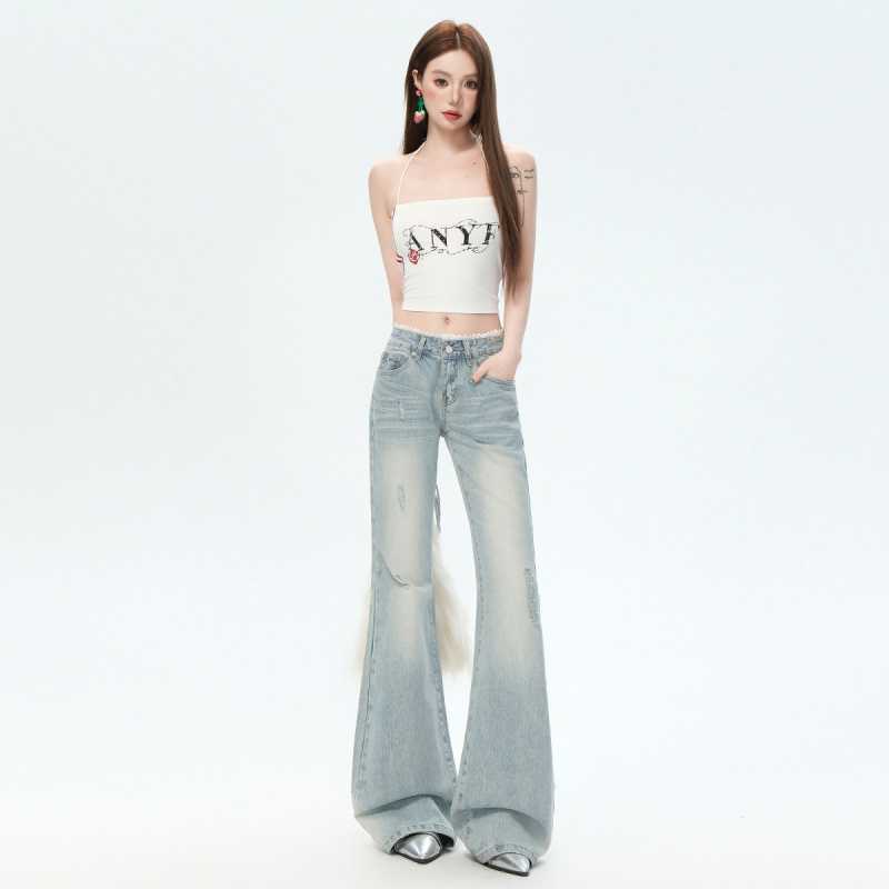 Wholesale Lace Splicing Low-Rise Jeans for Women Spring and Summer New Style Light Blue Washed Low-Waist Slimming Ripped Flares