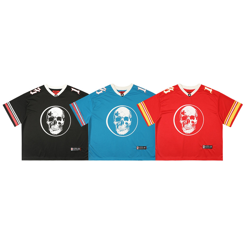 Godspeed American High Street Skull Print V Neck Short-Sleeved T-Shirt for Men and Women Mesh Breathable Loose Football Sportswear