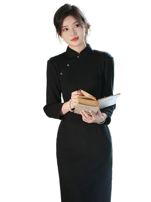 改良黑色旗袍女长袖2025年秋冬新款民国风气质年轻款少女新中式|undefined