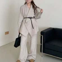 秋冬新款跨境外贸高级感气质针织套装女翻领毛慵懒衣阔腿裤两件套