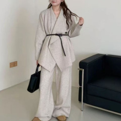 秋冬新款跨境外贸高级感气质针织套装女翻领毛慵懒衣阔腿裤两件套