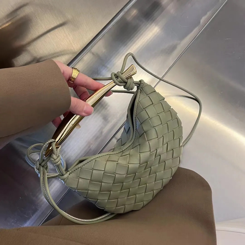 In-Stock Bv Sardine Woven Bag Genuine Leather Fashion Casual High-End Shark Metal Handle Half-Moon Handbag Export