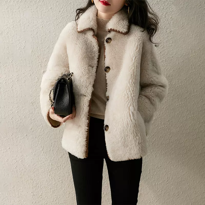100%羊毛时尚镶边羊剪绒皮草冬季新款颗粒羊羔毛外套女厂家批发