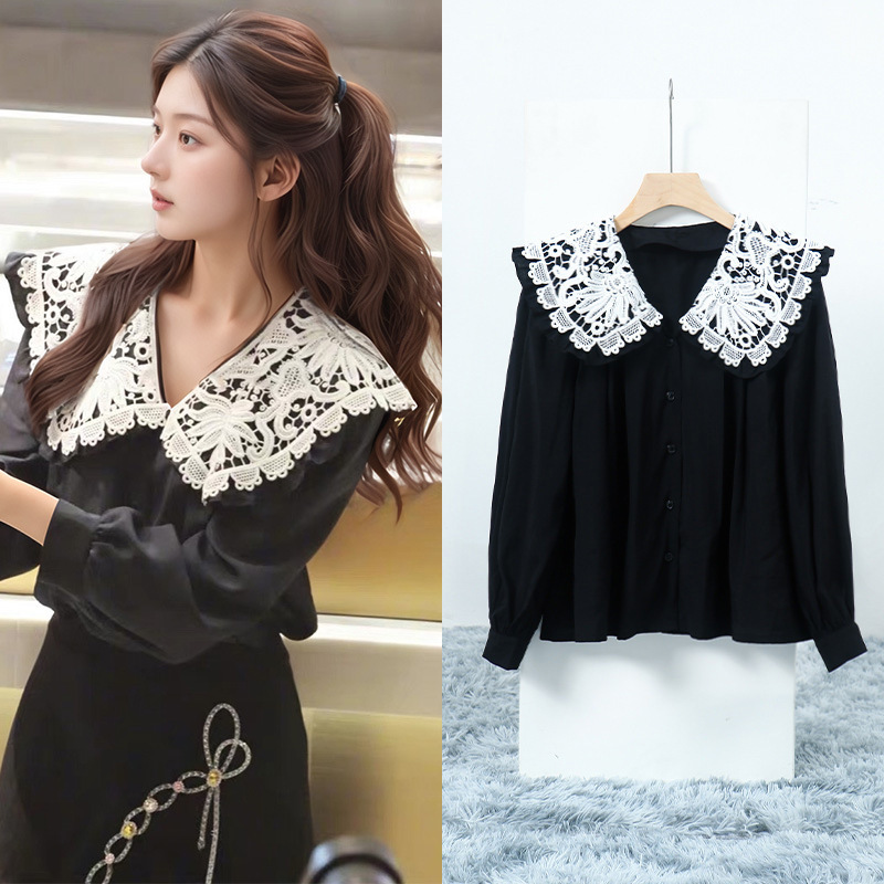 [Ready Stock] Zhang Ruonan's Same Style Black Loose Lace Splicing Design Shirt with Sense of Design Elegant Long-Sleeved Top for Women