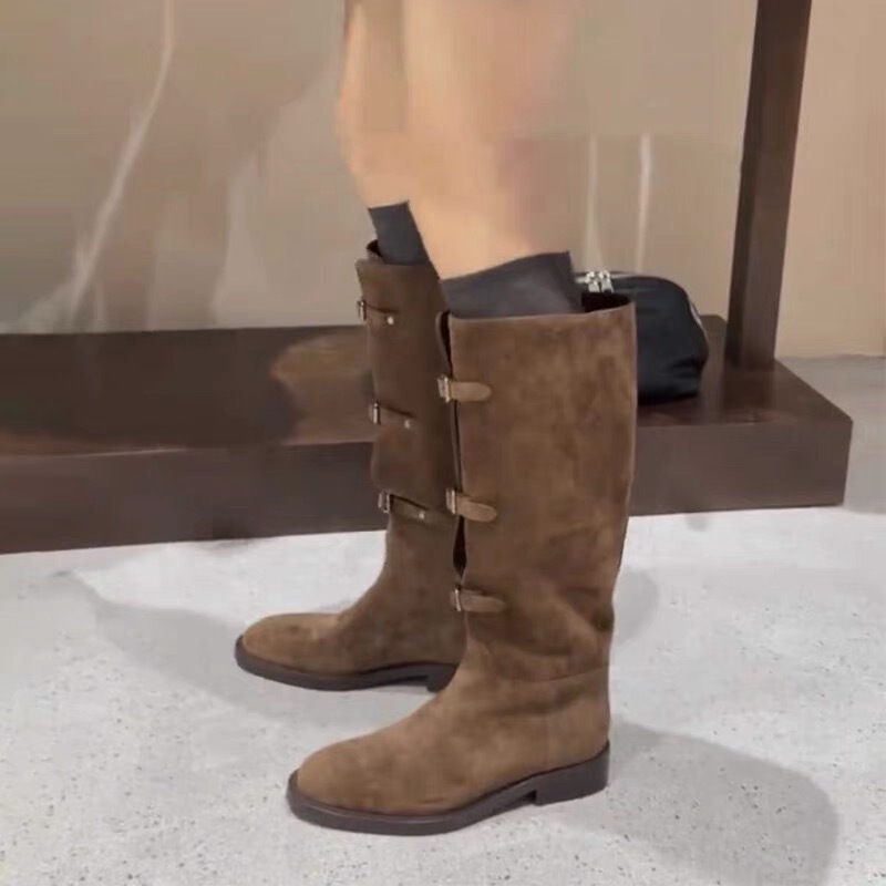 Cowhide Version ~ Retro Versatile Belt Buckle Knight Boots European and American Fashion Boots Knee-High Boots High Boots for Women