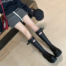 红色女鞋新款雨靴女2025秋季新款圆头厚底高筒骑士靴不过膝长筒靴