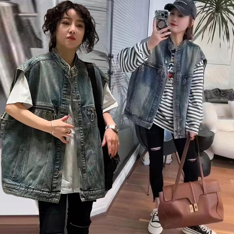 European Large Edition Fashion Stacked Sleeveless Denim Vest 2025 Spring and Autumn Loose Casual Vest Vest Vest Jacket for Women