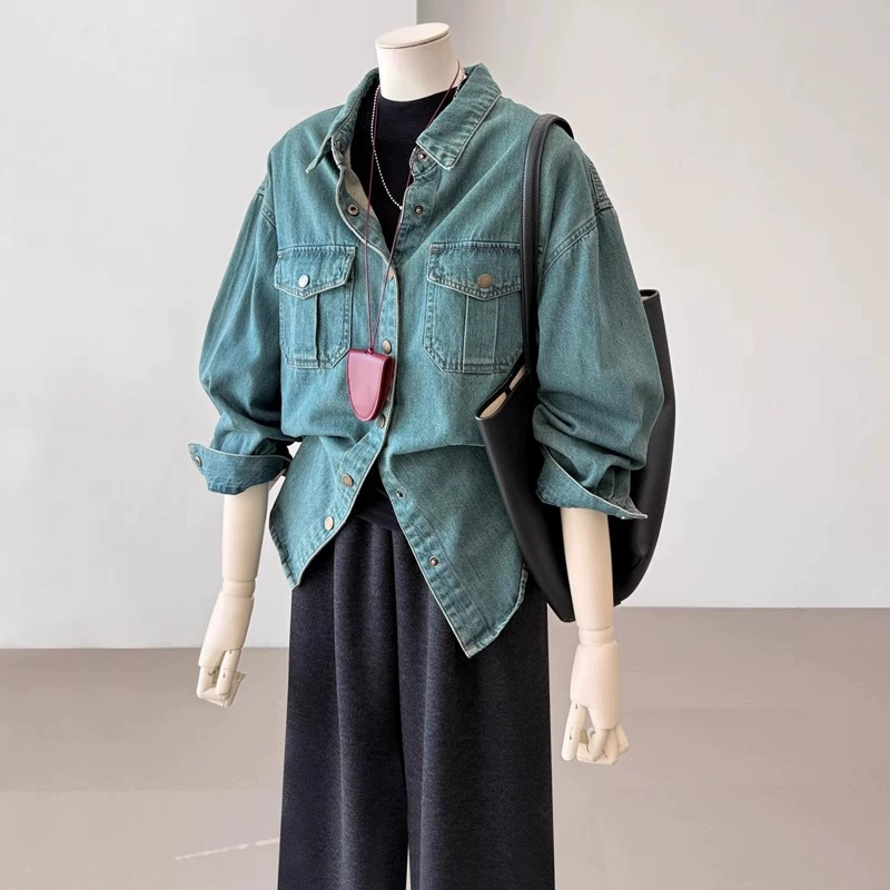 Лавочник рекомендует рекомендовать самоудержание ~ Ретро мойка легкая роскошная синяя джинсовая рубашка женская осень и зима