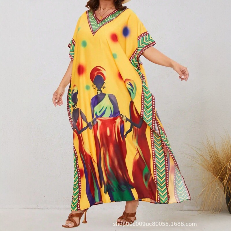 African-style printed dress for women, loose plus-size robe, bohemian vacation beach dress, yellow ethnic style long dress African-style printed dress for women, loose plus-size robe, bohemian vacation beach dress, yellow ethnic style long dress