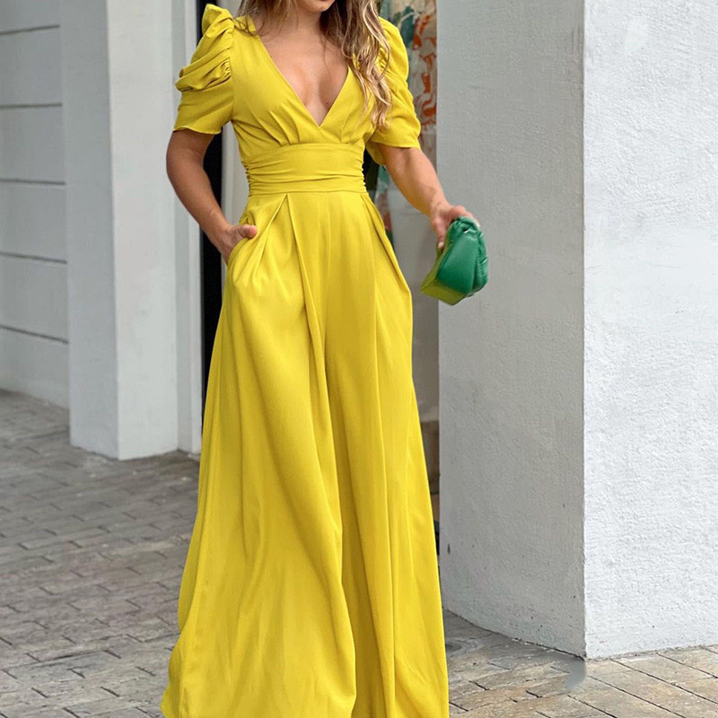 2025 primavera estilo transfronterizo de mujer mono europeo y americano cuello en V simple color sólido con cordones mono de pierna ancha para mujer