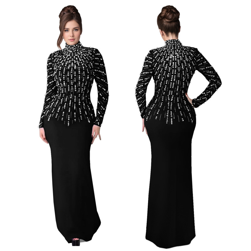 C7379 クロスボーダー AliExpress Amazon ヨーロッパとアメリカのファッション婦人服気質長袖ビーズホットダイヤモンドアームドレス|undefined