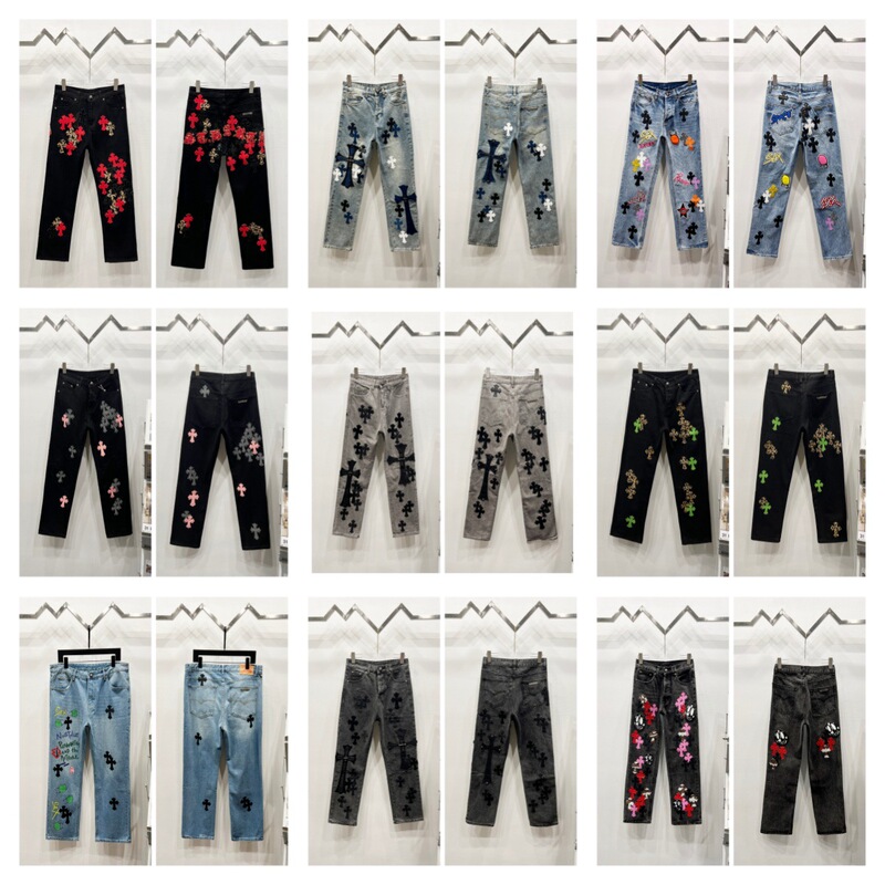 New Trendy Ch Cross Leather Label Washed Jeans Couple Street Loose Spring and Autumn Straight Pants Unisex