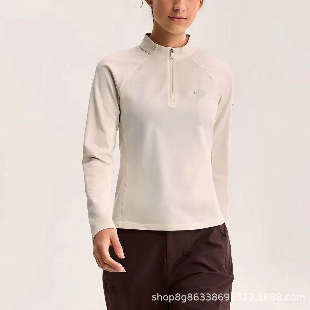 Women's Autumn New Trendy Brand KLS Sun Embroidered Outdoor Half-Zip Stand Collar Long Sleeve Fleece-Lined Top
