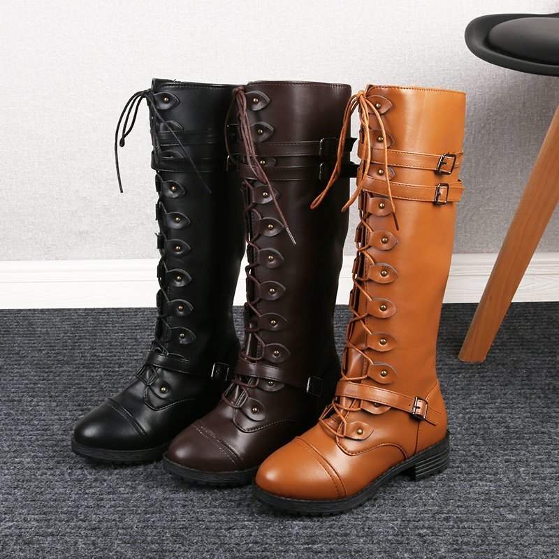 New 2025 Foreign Trade Round Toe Rivet Belt Buckle Square Heel Pu European and American Women's Boots High Tube Autumn and Winter New Knight Boots