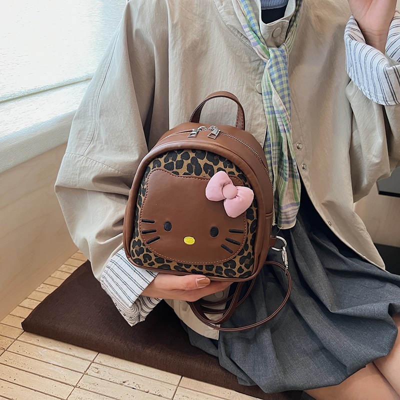 韩版可爱豹纹黑皮蛋仔kitty猫双肩包包早秋新款甜美外出手提背包|undefined