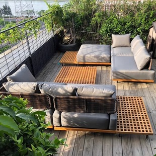 Outdoor Rattan Sofa Chair Solid Wood Teak Courtyard Outdoor Open-Air Villa Model Room Sun Protection and Waterproof Furniture