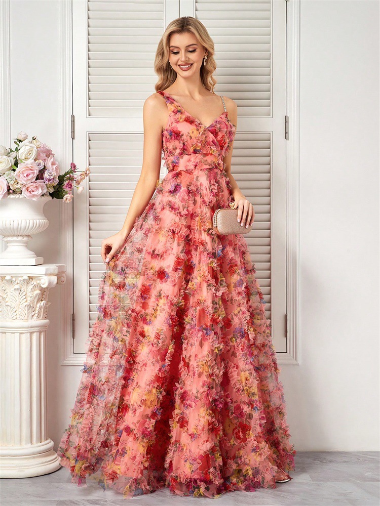 Europa y los Estados Unidos cruzaron la frontera nueva flor de chiffon vestido de noche banquete temperamento delgado cabina larga vestido de brindis