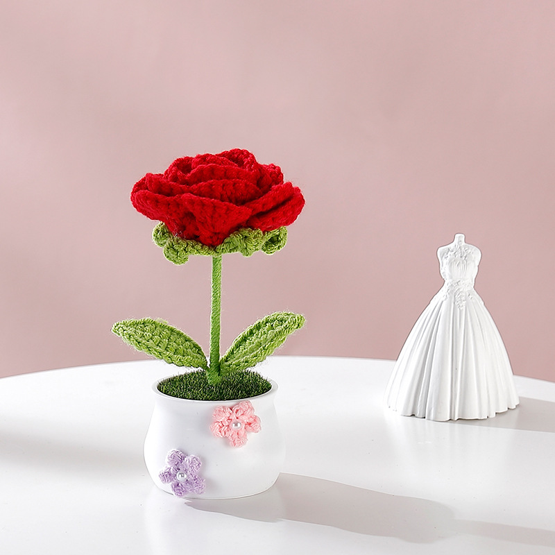 Terminado pequeña olla tejida a mano girasol lirio escritorio coche pequeña decoración regalo de cumpleaños regalo de graduación