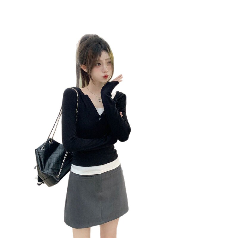 大码设计感纽扣连帽长袖t恤女2025秋季修身显瘦假两件小众上衣ins|undefined