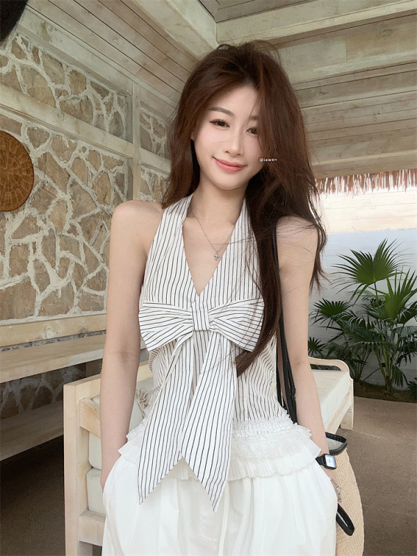 韓国デザインのリボン V ネックホルターネックキャミソール 2025 夏の新スリムアウタートップ女性のための|undefined