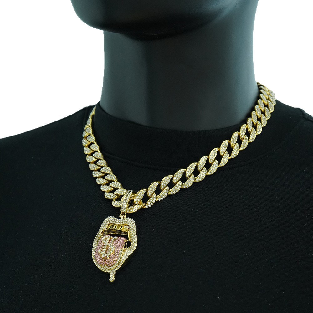 Cross-border ins extraño diamante tridimensional de color Hip-Hop europeo y americano escupir lengua collar de esqueleto collar de diamante collar de cadena de clavícula cubana