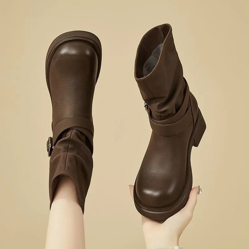 2025 Autumn and Winter New Retro Pleated Belt Buckle Short Boots Women's Fashion Easiest for Match Velvet Warm Martin Boots