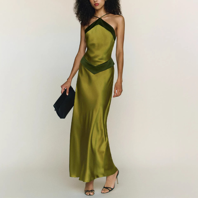 High-End Imported Acetate Satin Spaghetti Strap Long Dress, European and American Style, Waist-Cinching, Slimming, Luxurious French-Style Gown for Socialites High-End Imported Acetate Satin Spaghetti Strap Long Dress, European and American Style, Waist-Cinching, Slimming, Luxurious French-Style Gown for Socialites