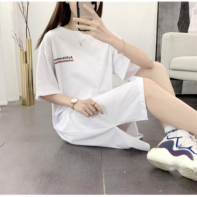 ピュアコットン 2025 新しい夏の女性用半袖ドレス、ゆったりとした大きいサイズのアウターウェア、レイジー T シャツ、スカート、膝上丈|undefined