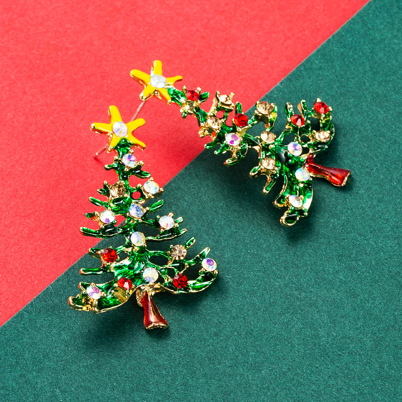 Christmas Series Alloy Dripping Oil Diamond Christmas Tree Earrings display picture 4