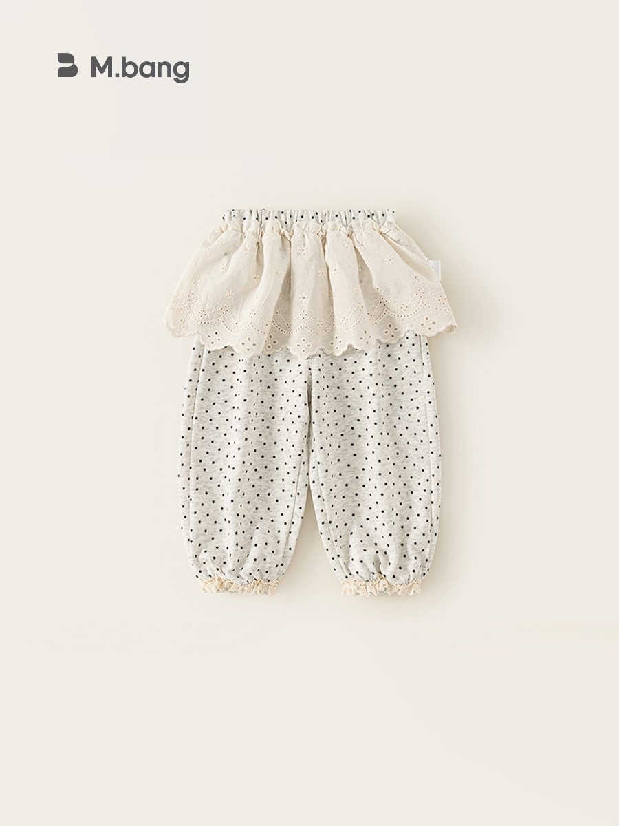 Ropa para niños Youbao, pantalones para niñas, estilo nuevo de primavera y otoño, pantalones deportivos de lunares de color liso para niñas pequeñas con ribete de encaje en la cintura y puños antimosquitos.