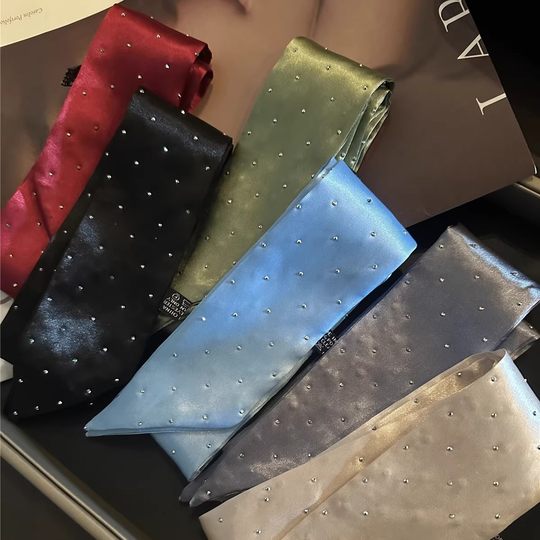 French Style Elegant Drill Long Silk Scarf Fashionable Hair Tie Bag Accompanying Gift Box Ribbon High-end Scarf Decorative Women