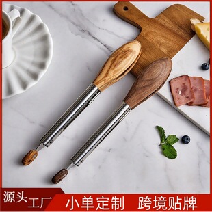 Wholesale Walnut Food Tongs Stainless Steel Food Tongs 9inch 12inch Bbq Barbecue Tongs Meat Tongs Plum Blossom Head