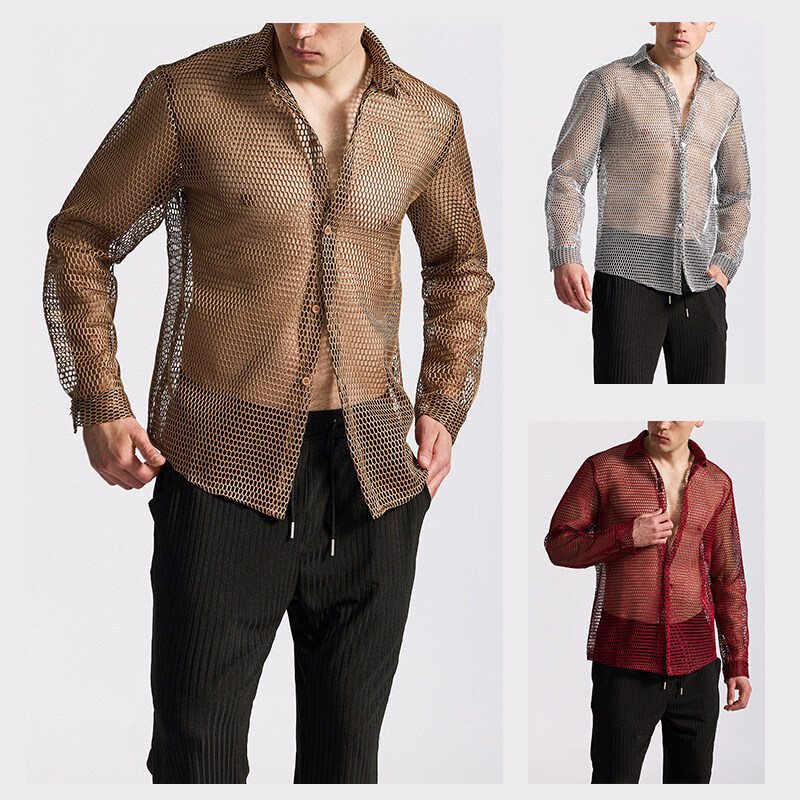 2025 New Summer Cross-Border European Size Men's Cut Out Nightclub Style Long-Sleeved Shirt Loose Mesh Thin Shirt for Men