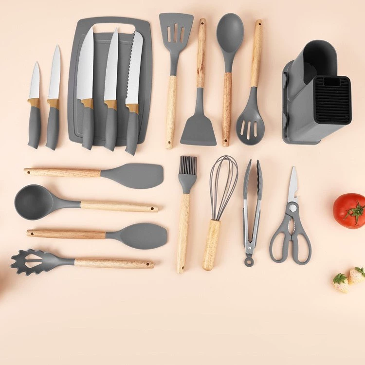 Набор силиконовых кухонных принадлежностей из 19 предметов: силиконовые лопатки, ложки, ножи для антипригарных сковородок, с контейнером для хранения