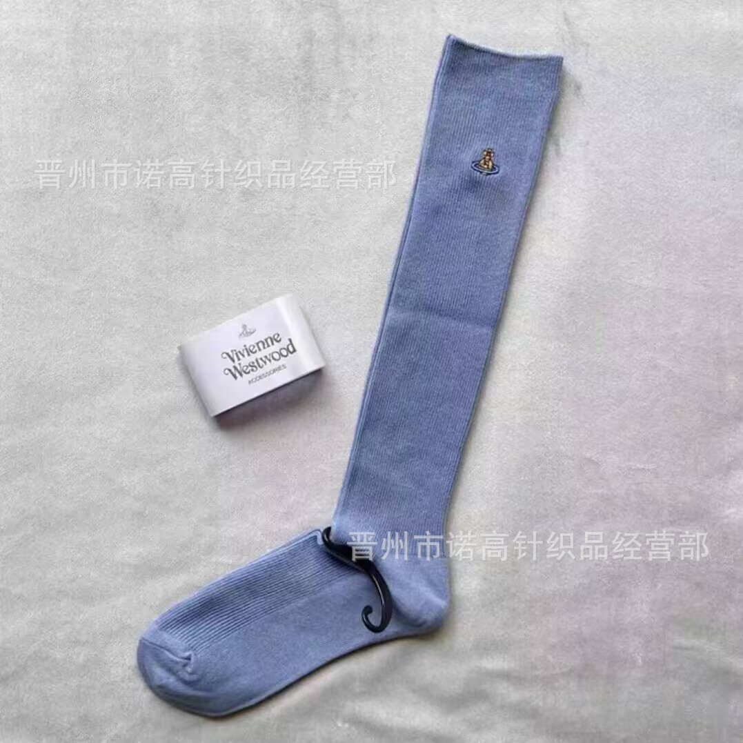 Calcetines japonesas bordadas Saturno rodilla sobre rodilla calcetines sólidas escolares de doble aguja peinadas calcetines de algodón