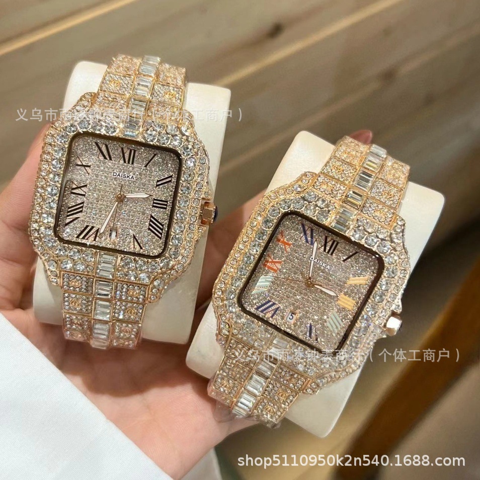 Luxurious Full-Diamond Quartz Watch for Men and Women from the Santos Series, Fashionable Diamond-Encrusted Atmospheric Daisika Watch