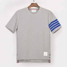 彩蓝色织四条杠短袖男式T恤欧美潮流休闲潮牌 B0075