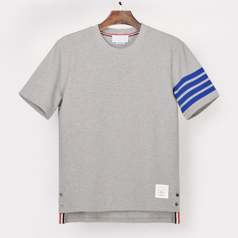 彩蓝色织四条杠短袖男式T恤欧美潮流休闲潮牌 B0075