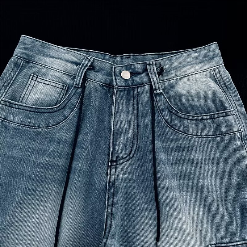 Summer Men's Plus Size Capri Jeans Loose Wide Leg Hip Hop Cargo Shorts Multi Pocket Chubby Pants_mkmklike.com