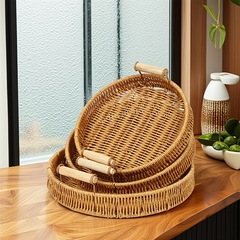 塑料仿藤手工编织日式托盘厨房面包篮馒头筐客厅家用藤编双耳托盘