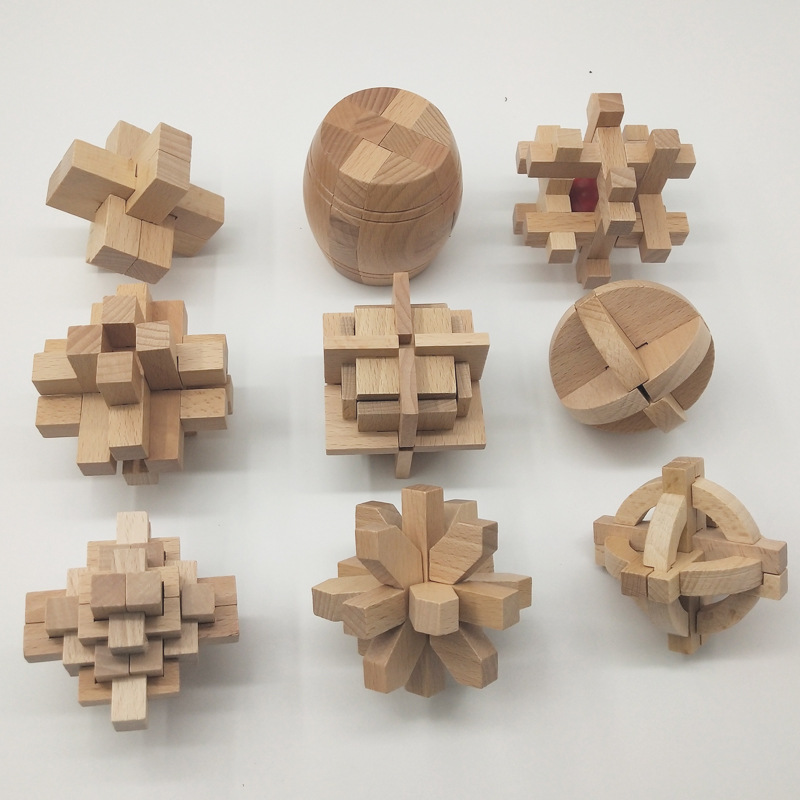 Los juguetes educativos para niños de madera Kong Ming bloqueo bloques de construcción traje de nueve Cadena de mortaja y mortaja desmontaje y montaje conjunto completo Luban bloqueo al por mayor