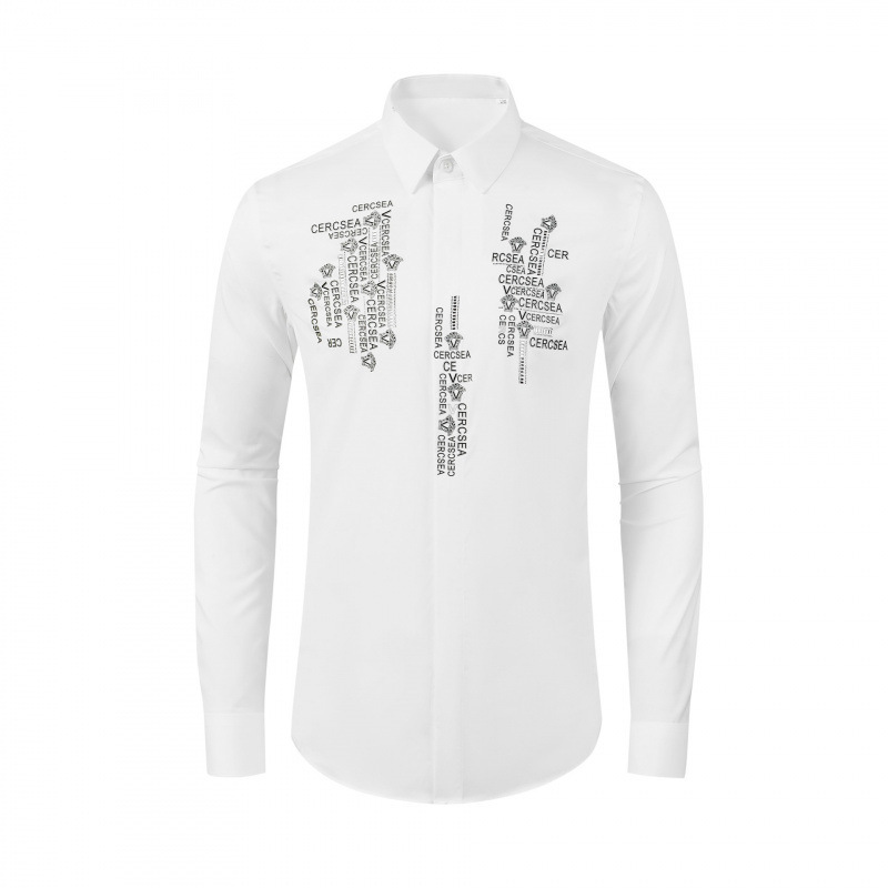 Men's Long-Sleeved Shirt with Letter Print on the Front, British Style Fashionable Slim-Fit Shirt for Men