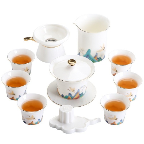 Tea cup, cover and bowl set, ceramic tea set, Chinese style high-end mutton fat jade white porcelain, home tea making gift box for entertaining guests