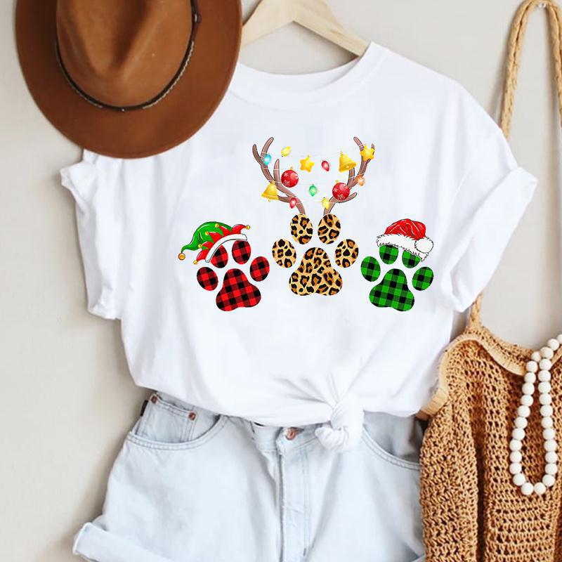 2026 Christmas New Product Merry Christmas Christmas Elk Truck White Women's Round Neck Printed T-Shirt