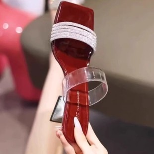 Slippers for Women's Outer Wear Fashion 2025 New Summer Women's Shoes Medium Heel Thick Heel Crystal Transparent One-Strap Women's Sandals