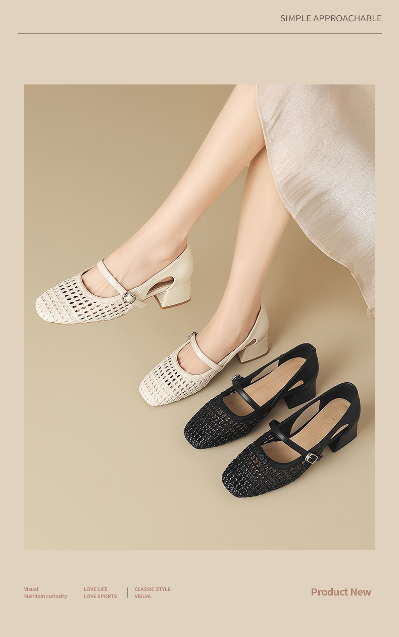 Sandal nữ quai ngang cổ điển gót vuông thoáng khí — BL735 Màu be chi tiết 5