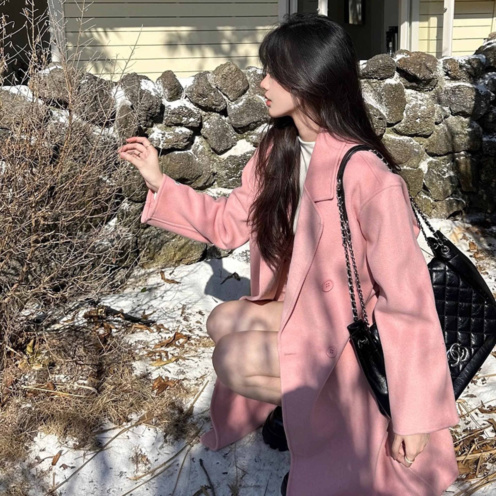 秋冬高端燕麦色毛呢大衣西装领宽松小个子中长款毛呢子外套